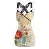 Peony Floral Print Tank Top Lace Butterfly Back Ruched Surplice O Ring Strap Tank Top