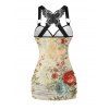 Peony Floral Print Tank Top Lace Butterfly Back Ruched Surplice O Ring Strap Tank Top - café lumière XXL | US 14