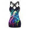 Colorful Octopus Print Tank Top Lace Butterfly Back Ruched Surplice O Ring Strap Tank Top - Noir XL | US 12