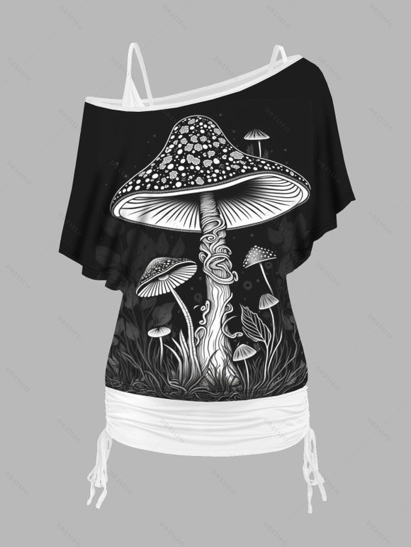 Cartoon Mushroom Print Oblique Shoulder T-shirt And Solid Cinched V Neck Camisole Two Piece Set - Noir XL | US 10