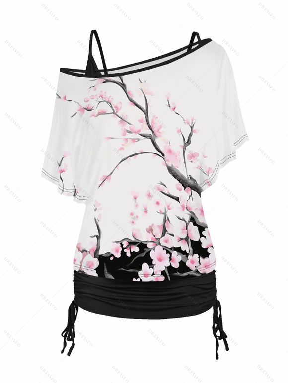 Plum Blossom Print Oblique Shoulder T-shirt And Cinched V Neck Camisole Two Piece Set - Blanc XL | US 10