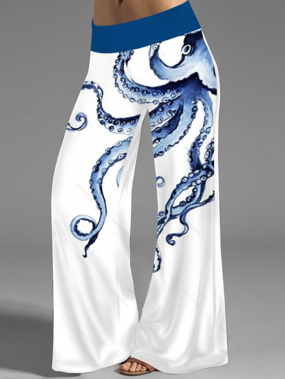 Pantalon Décontracté Long Pieuvre Imprimée Taille Elastique à Jambe Large - Blanc M | US 6