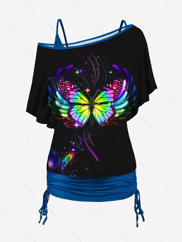 Colorful Butterfly Feather Print Oblique Shoulder T-shirt And Cinched V Neck Camisole Two Piece Set - Noir S | US 4