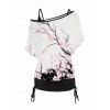 Plum Blossom Print Oblique Shoulder T-shirt And Cinched V Neck Camisole Two Piece Set - Blanc S | US 4