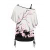 Plum Blossom Print Oblique Shoulder T-shirt And Cinched V Neck Camisole Two Piece Set - Blanc L | US 8