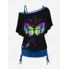 Colorful Butterfly Feather Print Oblique Shoulder T-shirt And Cinched V Neck Camisole Two Piece Set - Noir XL | US 10