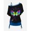 Colorful Butterfly Feather Print Oblique Shoulder T-shirt And Cinched V Neck Camisole Two Piece Set - Noir XXL | US 12