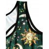 Robe Débardeur Ceinture Bouclée Etoile Lune et Soleil Imprimés Partout sans Manches à Col Carré - Vert profond S | US 4