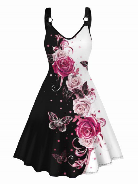 Robe Ligne A Rose et Papillon Imprimés sans Manches à Col V