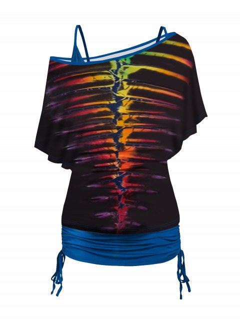 Ensemble de T-shirt Squelette Colorée Imprimée à Epaule Dénudée et de Camisole Deux Pièces