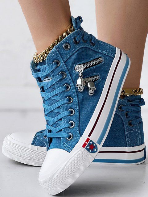 All Season High Top Thick Sole Skull Zipper Design Platform Canvas Denim Sneakers