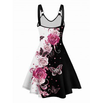 Contrast Butterfly Rose Print V Neck Dress O Ring Straps Sleeveless A Line Tank Dress