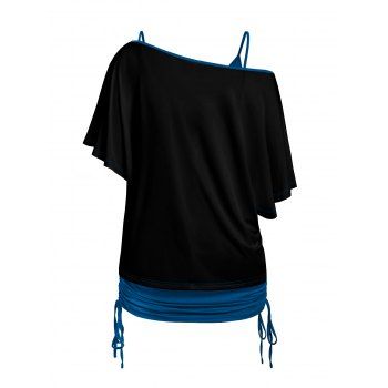 Colorful Skeleton Print Oblique Shoulder T-shirt And Cinched V Neck Spaghetti Strap Camisole Two Piece Set 