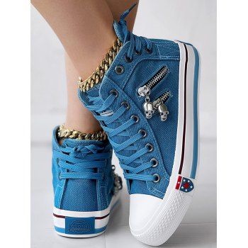 All Season High Top Thick Sole Skull Zipper Design Platform Canvas Denim Sneakers