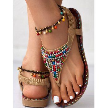 Beaded Decor Flip Flops Elastic Ankle Strap Open Round Toe Flat Sandals