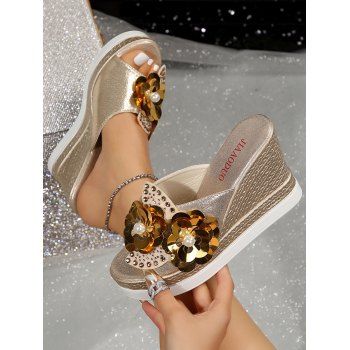 Fashionable Flower Sequined Peep Toe Wedges Thick Outer Summer Simple Slippers