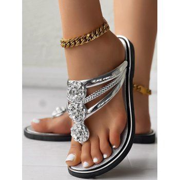 Floral Artificial Crystal Solid Color Glitter Flat Flip Flops Slippers