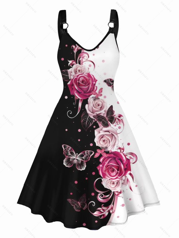 Contrast Butterfly Rose Print V Neck Dress O Ring Straps Sleeveless A Line Tank Dress - Noir XXL | US 12
