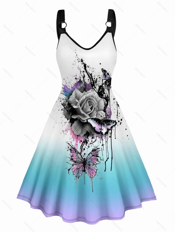 Splatter Tie Dye Butterfly Rose Print V Neck Dress O Ring Straps Sleeveless A Line Tank Dress - Blanc XL | US 10