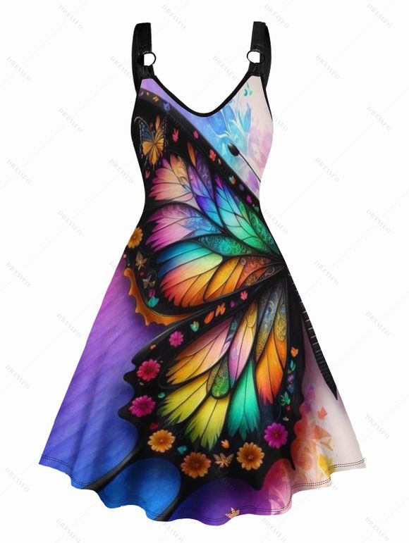 Big Butterfly Wing Print V Neck Dress O Ring Straps Sleeveless A Line Tank Dress - multicolor A XL | US 10