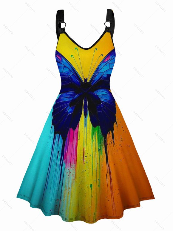 Splatter Tie Dye Butterfly Print V Neck Dress O Ring Straps Sleeveless A Line Tank Dress - multicolor A XXL | US 12