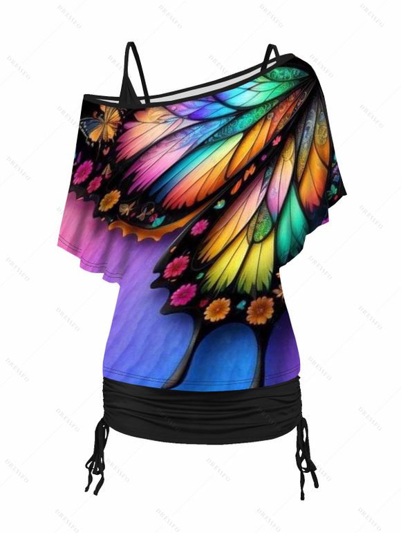 Rainbow Big Butterfly Wing Print Oblique Shoulder T-shirt And Cinched V Neck Spaghetti Strap Camisole Two Piece Set - multicolor A XXL | US 12