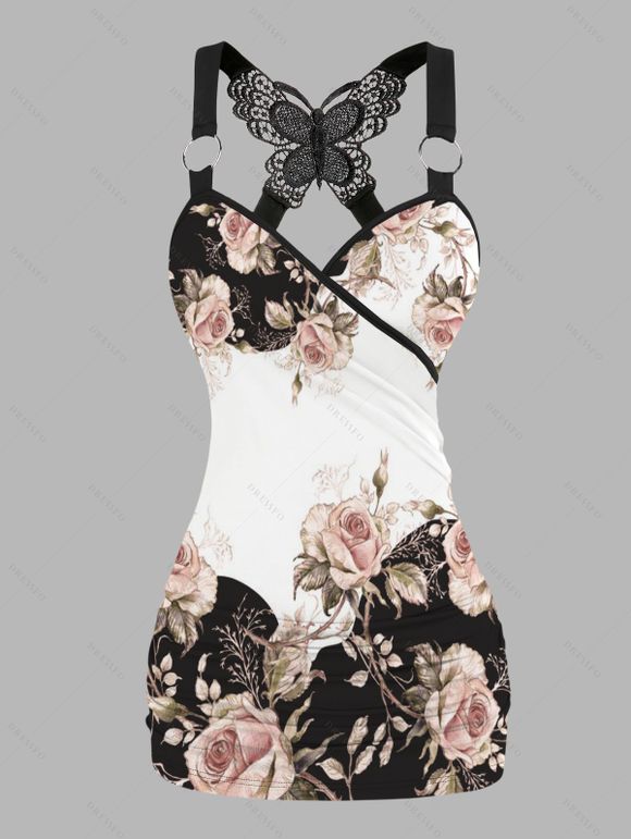 Rose Print Ruched Butterfly Lace Tank Top O Ring Surplice Summer Top - Noir XXL | US 14