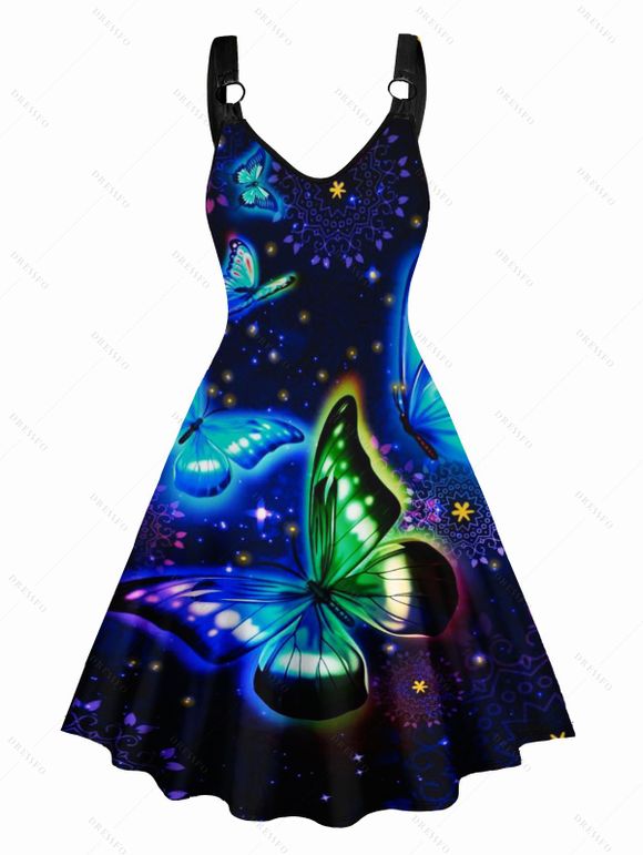 Galaxy Glitter Butterfly Print V Neck Dress O Ring Straps Sleeveless A Line Tank Dress - Noir L | US 8