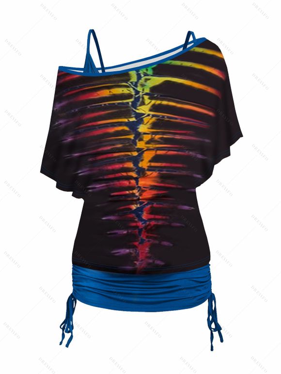 Colorful Skeleton Print Oblique Shoulder T-shirt And Cinched V Neck Spaghetti Strap Camisole Two Piece Set - Noir XXL | US 12