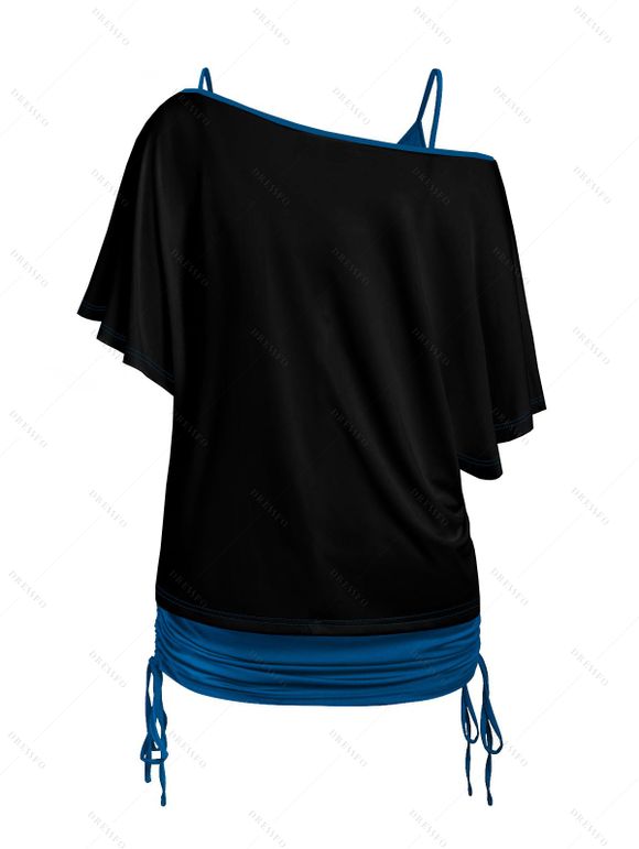 Ensemble de T-shirt Squelette Colorée Imprimée à Epaule Dénudée et de Camisole Deux Pièces - Noir L | US 8