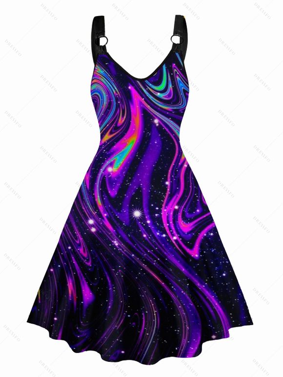 Galaxy Light Beam Print V Neck Dress O Ring Straps Sleeveless A Line Tank Dress - Noir M | US 6