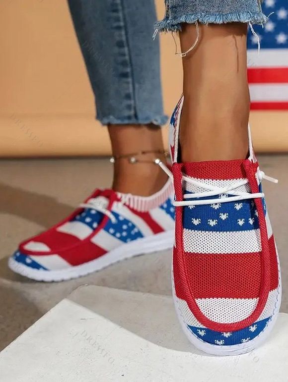 American Flag Pattern Slip On Round Toe Lace Up Casual Light Flat Comfy Knit Sneakers - multicolor EU 43