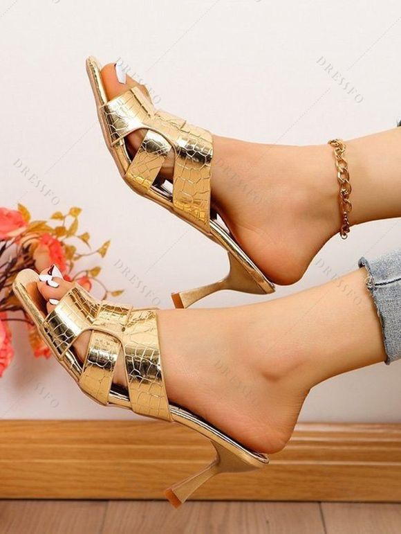 Metallic Stiletto Heels Fashion Square Open Toe Dress Pumps Slip On Heels Slippers - d'or EU 35