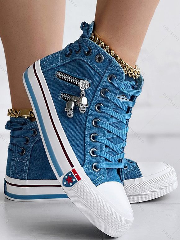 All Season High Top Thick Sole Skull Zipper Design Platform Canvas Denim Sneakers - Bleu EU 42