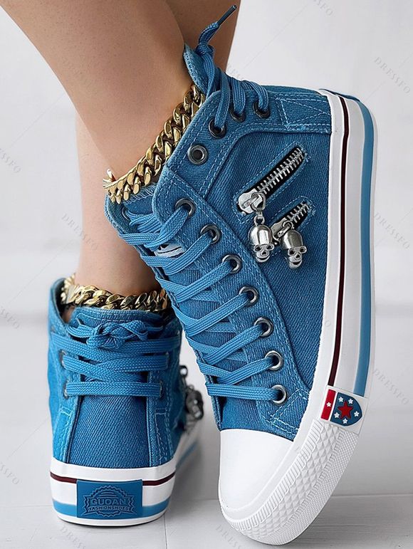 All Season High Top Thick Sole Skull Zipper Design Platform Canvas Denim Sneakers - Bleu EU 42