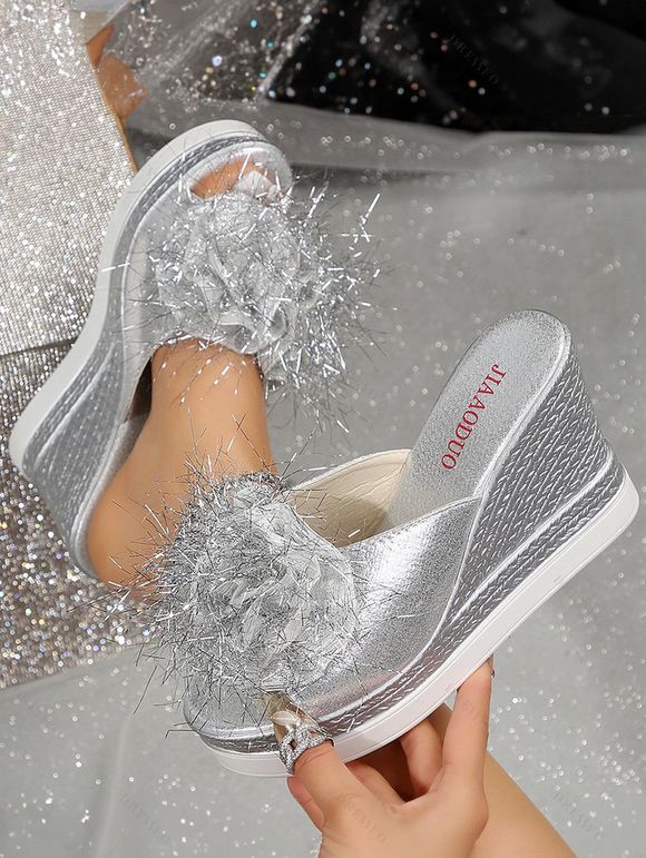 Flower Bling Peep Toe Wedges Outer Summer Slippers - Argent EU 37