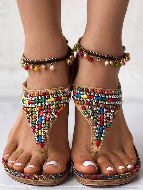 Beaded Decor Flip Flops Elastic Ankle Strap Open Round Toe Flat Sandals - café EU 41