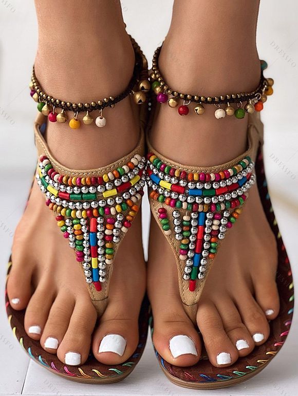 Beaded Decor Flip Flops Elastic Ankle Strap Open Round Toe Flat Sandals - café EU 41