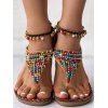 Beaded Decor Flip Flops Elastic Ankle Strap Open Round Toe Flat Sandals - café EU 36