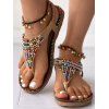 Beaded Decor Flip Flops Elastic Ankle Strap Open Round Toe Flat Sandals - café EU 36