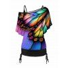 Rainbow Big Butterfly Wing Print Oblique Shoulder T-shirt And Cinched V Neck Spaghetti Strap Camisole Two Piece Set - multicolor A L | US 8