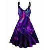 Galaxy Light Beam Print V Neck Dress O Ring Straps Sleeveless A Line Tank Dress - Noir M | US 6