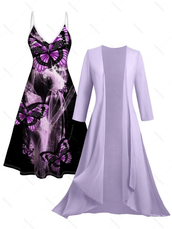 Sheer Solid Open Front Chiffon Bracelet Sleeve Cardigan and Butterfly Print V Neck Cami Dress Suit - Violet clair S | US 4