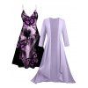Sheer Solid Open Front Chiffon Bracelet Sleeve Cardigan and Butterfly Print V Neck Cami Dress Suit - Violet clair S | US 4
