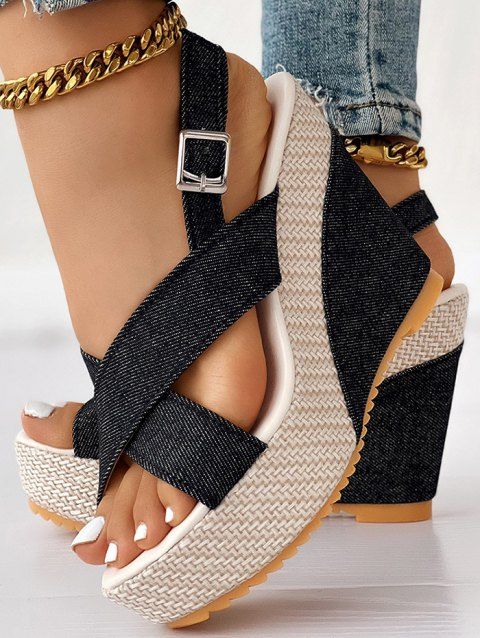 New Peep Toe Crisscross Slingback Denim Wedge Beach Sandals