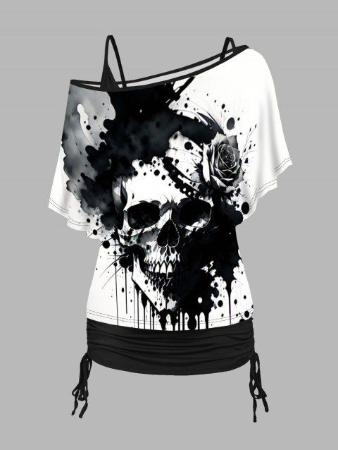 Tie Dye Skull Print Oblique Shoulder T-shirt And Cinched V Neck Camisole Two Piece Set