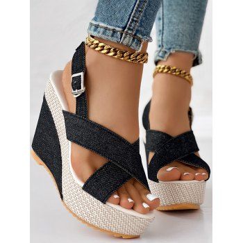 New Peep Toe Crisscross Slingback Denim Wedge Beach Sandals