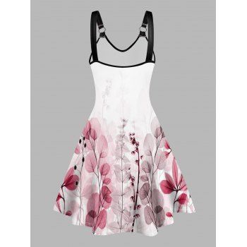 Leaf Print Hem V Neck Dress O Ring Straps Sleeveless A Line Tank Dress