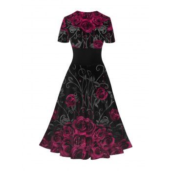 Rose Bleeding Print V Neck Short Sleeve Surplice Dress High Waist A-line Dress