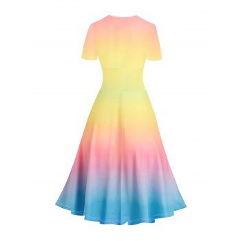 Colorful Ombre Print V Neck Short Sleeve Surplice Dress High Waist A-line Dress